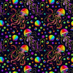 Seamless pattern on a marine theme with bright rainbow jellyfishes and shells, bright fish on a dark background