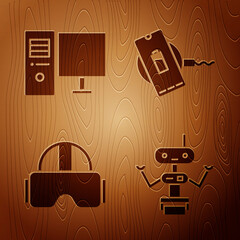 Canvas Print - Set Robot, Computer monitor, Virtual reality glasses and Wireless charger on wooden background. Vector.