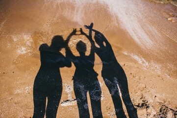 Summer fun. Shadow of a beautiful family having fun on the beach at sunset by the sea.