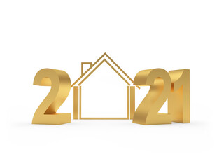 Number golden 2021 with blank house symbol isolated on white. 3d illustration	