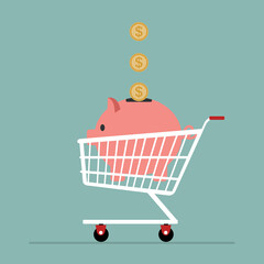 Wall Mural - Shopping cart with piggy bank vector