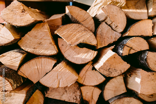 Fotomural firewood log background. Alternative biomass renewal energy