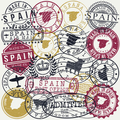  Spain Set of Stamps. Travel Passport Stamp. Made In Product. Design Seals Old Style Insignia. Icon Clip Art Vector.