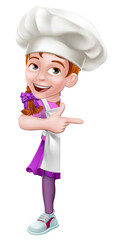 Sticker - A kid cartoon girl chef, cook or baker child peeking around a sign and pointing at it