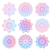 A Set Of Beautiful Mandalas And Lace Circles. Round Gradient Mandala Vector. Traditional Oriental Ornament With A Concentric Gradient. Element For Applying To Objects For Yoga, Meditation, Spiritual