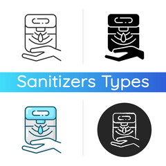 Poster - Automatic hand sanitizer dispenser icon. Liquid soap in bathroom. Antibacterial product. Disinfectant wash for infection protection. Linear black and RGB color styles. Isolated vector illustrations