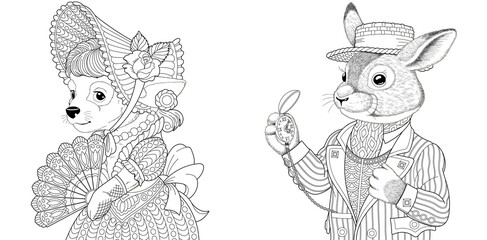 Wall Mural - Coloring page. Dog girl and rabbit man. Line art drawing for adult or kids coloring book in zentangle style. Vector illustration.