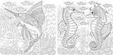 Coloring Page. Underwater World. Line Art Drawing For Adult Or Kids Coloring Book In Zentangle Style. Vector Illustration.