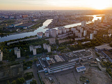 Russia, Moscow Oblast, Moscow, Aerial View Of Residential Area At Sunset With Moskva River In Background
