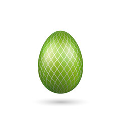 Wall Mural - Easter egg 3D icon. Green color egg, isolated white background. Bright realistic design, decoration for Happy Easter celebration. Holiday element. Shiny pattern. Spring symbol. Vector illustration