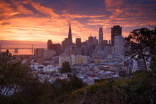 Scenic View Of Sunrise Over San Francisco Skyline