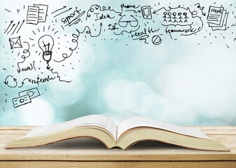 Wall Mural - open book with drawings on old wooden table