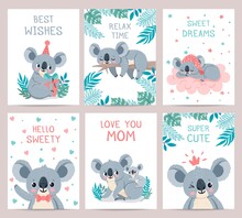 Koala Posters Cards. Prints With Cute Sleeping Koalas. Australian Baby Bear Hugs Mother. Party Invitation With Jungle Animal, Vector Set. Illustration Card Invitation Party, Lazy Koala Exotic Animal