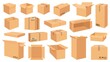 © Tartila - Cardboard boxes. Cartoon brown carton package. Open and closed delivery rectangle box with fragile signs. Vector shipping and packing set. Cardboard box, cube cartboard storage for distribution