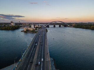 Aerial view of the big city at sunset