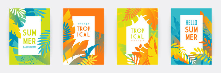 tropical themed banners set. creative compositions of colorful palm leaves and branches. floral geom