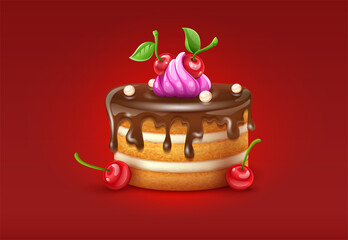 Birthday cake with chocolate creme and red cherries fruits. Sweet dessert food for holiday celebration or children party. Banner or greeting card design on red background. Illustration.