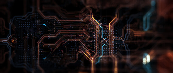 Poster - Futuristic server/Html code processing in circuit board abstract server. Data moves in the form of moving lines. The movement and processing of data inside a server or computer.  3d rendering