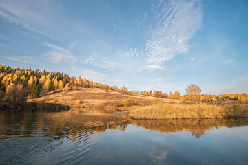 Wall Mural - autumn landscape, picturesque forest with a mirror symmetrical reflection in the river of yellow, go