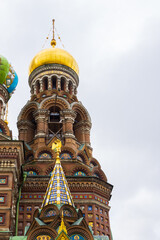 Cathedral of Our Savior on Spilled Blood. Closeup of domes and architecture facade details in St. Petersburg, Russia