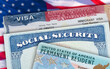 Green Card US Permanent resident USA. Social Security card. VISA United States of America. Electronic Diversity Visa Lottery DV-2022 DV Lottery Results. American flag on background.