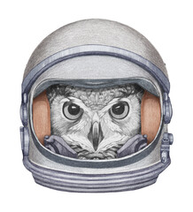 Wall Mural - Astronaut. Portrait of Owl in a space helmet. Hand-drawn illustration