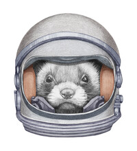 Astronaut. Portrait Of Least Weasel In A Space Helmet. Hand-drawn Illustration