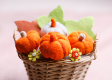 Handmade Felt Pumpkins In Little Basket