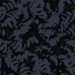Dark moody almost black leaf seamless pattern. High quality illustration. Deep mysterious distant and faded leaf foliage design. Luxurious shadow surface pattern design for interiors or backgrounds.