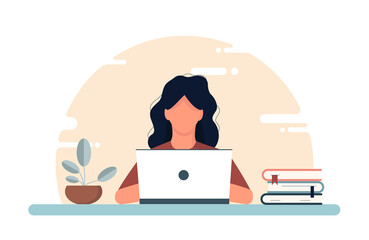 Concept of work and study at home, chat online support remotely from home. Isolated white background. Young girl at a computer with flowers, books and a lamp. Illustration, flat style.