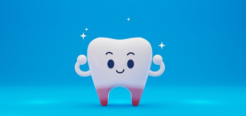 3D render of cute, funny tooth character on blue color background 