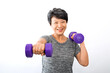 © tai - Attractive senior fitness asian woman training, exercising at home with dumbbells isolated on white background.