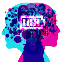 Wall Mural - A female and male side silhouette profile overlaid with various blending semi-transparent numerals and line connected circular shapes. Centre placed is a “Glowing full powered battery” symbol.