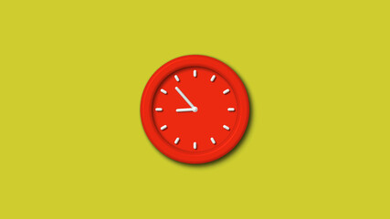 New red color 3d wall clock isolated on yellow background, 12 hours 3d wall clock