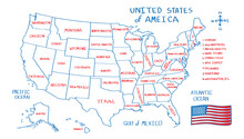 United State Of America Vector Map Isolated On White Background. Red And Blue Line Freehand Drawing Doodle Style With Name Of State And Flag.
