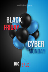 Sticker - Black Friday and Cyber Monday promotion poster. Black and blue balloons on background. Sale vector banner.