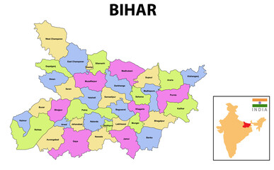 Wall Mural - Bihar Map. bihar district map, India. Bihar, India, vector map isolated on white background. High detailed silhouette illustration.