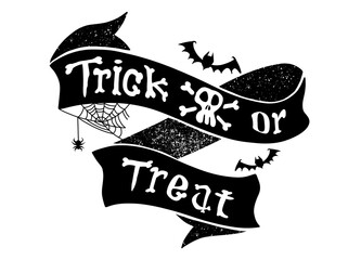 Wall Mural - Trick or treat isolated quotes and design elements. holiday illustration. Hand drawn doodle letters, skull bat and ribbon