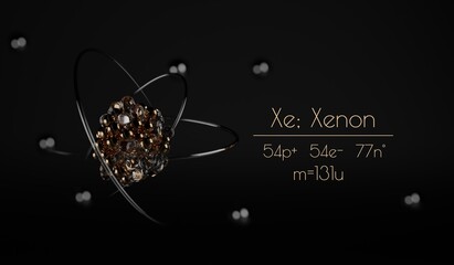 A stylized Xenon atom visualization, with the number of protons, neutrons, electrons and its name written next to it. A 3d render.