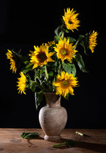 Beautiful Bouquet Of Sunflowers In Vase On A Wooden Table