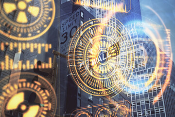  Double exposure of technology theme hologram and cityscape background. Concept of Hightech.