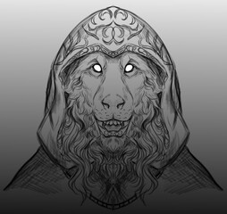 Grayscale digital illustration of a werewolf with a hood