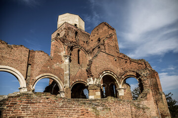 Abandoned church with old and beautiful architectural design, popular tourist attraction. The church looks like a castle from Romania. The history of this church is very interesting.