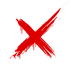 Red cross sign. Grunge X symbol. Realistic brush with drips