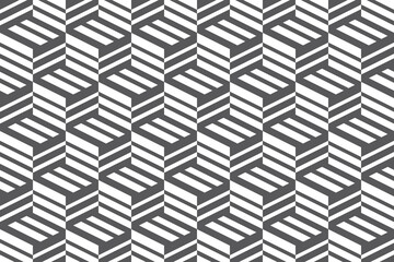Seamless, abstract background pattern made with stripes forming cubes. Modern, bold, dynamic and three dimensional vector art.