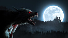 Werewolf Growl In The Moonlight Over A Full Moon In The Forest With A Gothic House - Concept Art - 3D Rendering