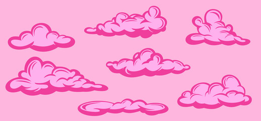 Wall Mural - Set of colorful pink clouds in hand drawn vintage retro style isolated on simple background. Cartoon design elements. Vector illustration.
