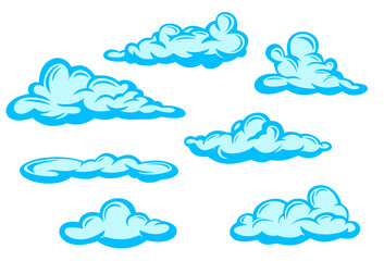 Wall Mural - Set of blue clouds in hand drawn vintage retro style isolated on white background. Cartoon design elements. Vector illustration.