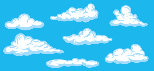 Wall Mural - Set of white clouds in hand drawn vintage retro style isolated on blue background. Cartoon design elements. Vector illustration.