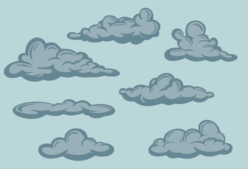 Wall Mural - Set of rainy clouds in hand drawn vintage retro style isolated on gray background. Cartoon design elements. Vector illustration.